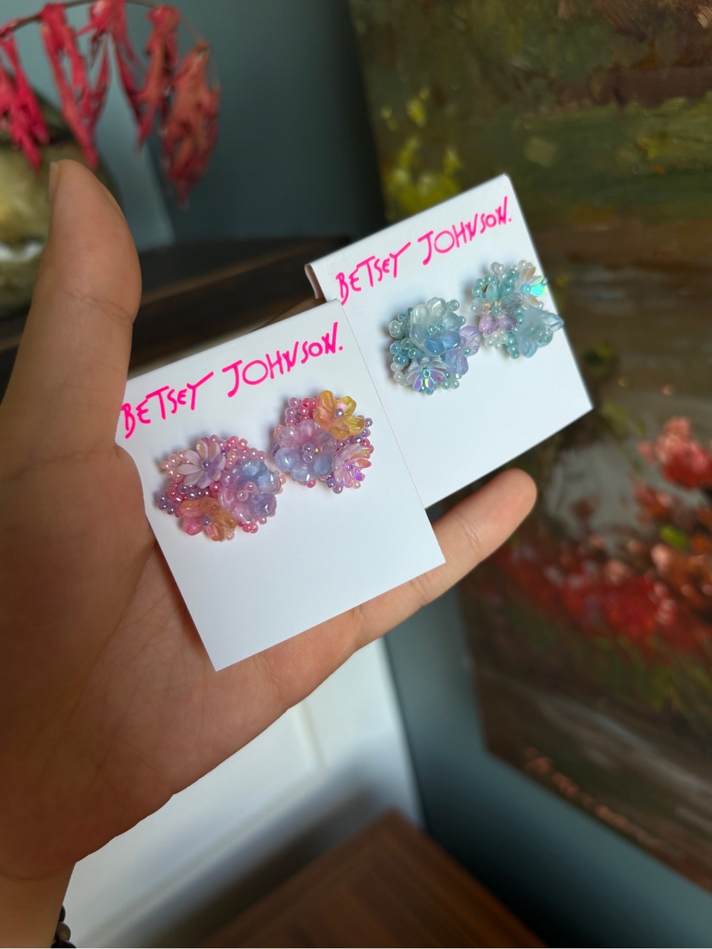 Betsey Johnson Pastel Floral Cluster Earrings - Pink & Blue - Picture 2 of 8